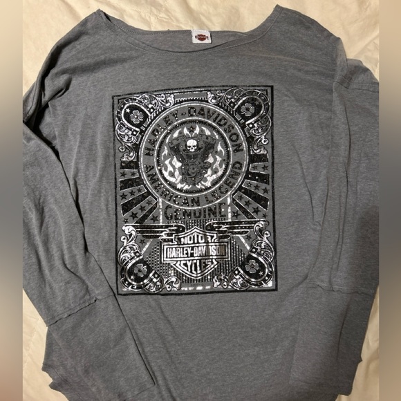 Harley Davidson Rhinestone Shirt Sleeve Gray Black Skull Motorcycle Sz Large - Picture 4 of 12